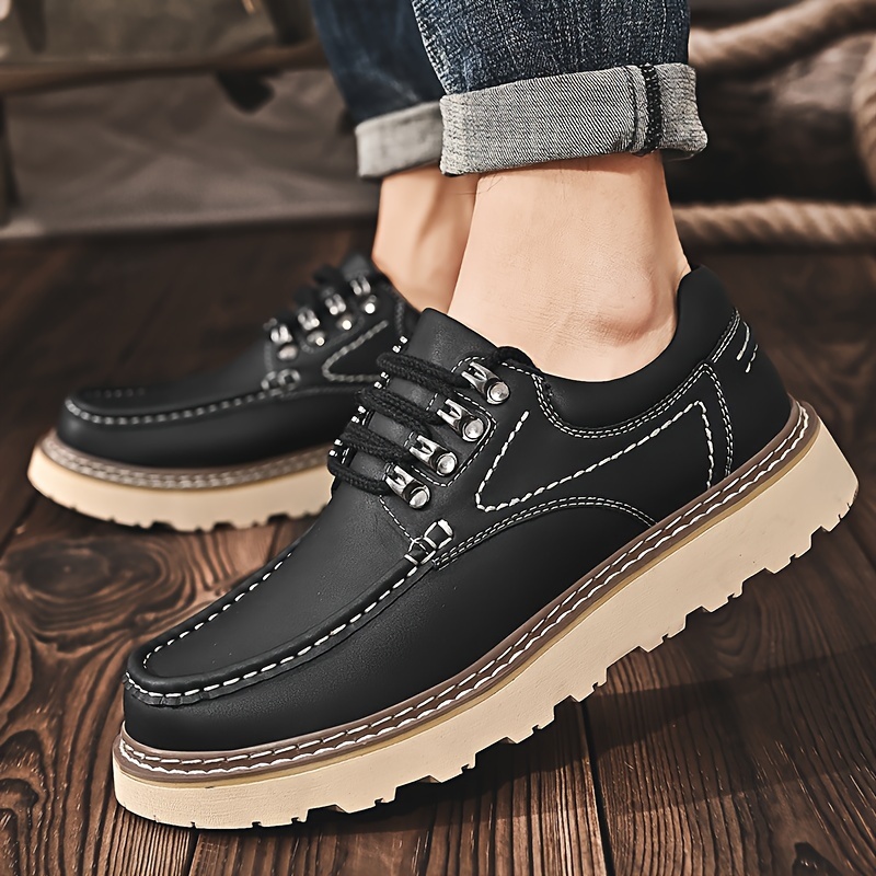 mens retro style split leather low top casual shoes wear resistant non slip lace up shoes for outdoor details 4