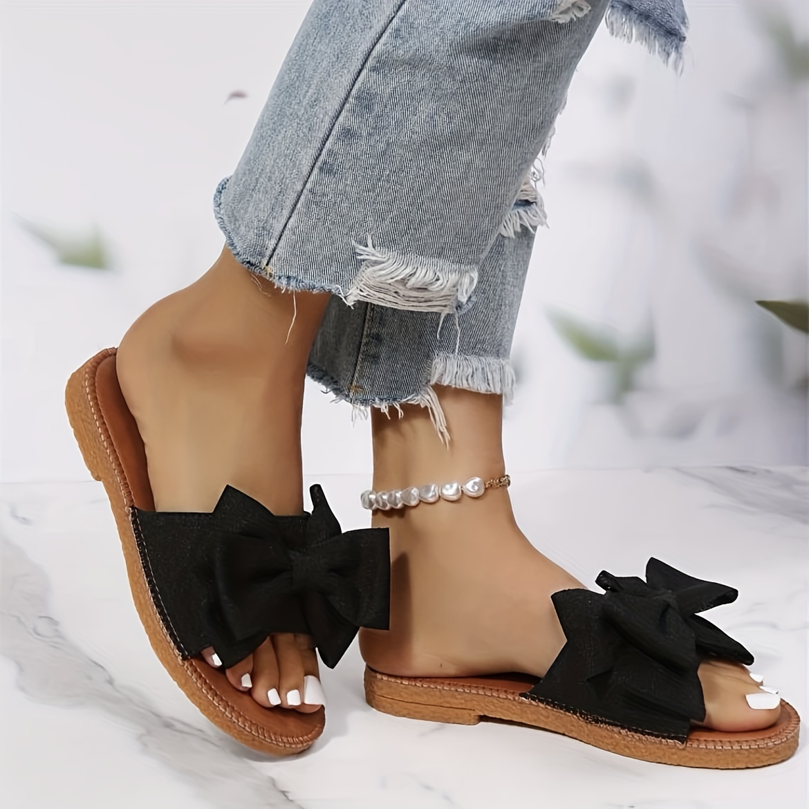 womens bow flat slide sandals fashion open round toe slip on shoes casual outdoor slides details 5