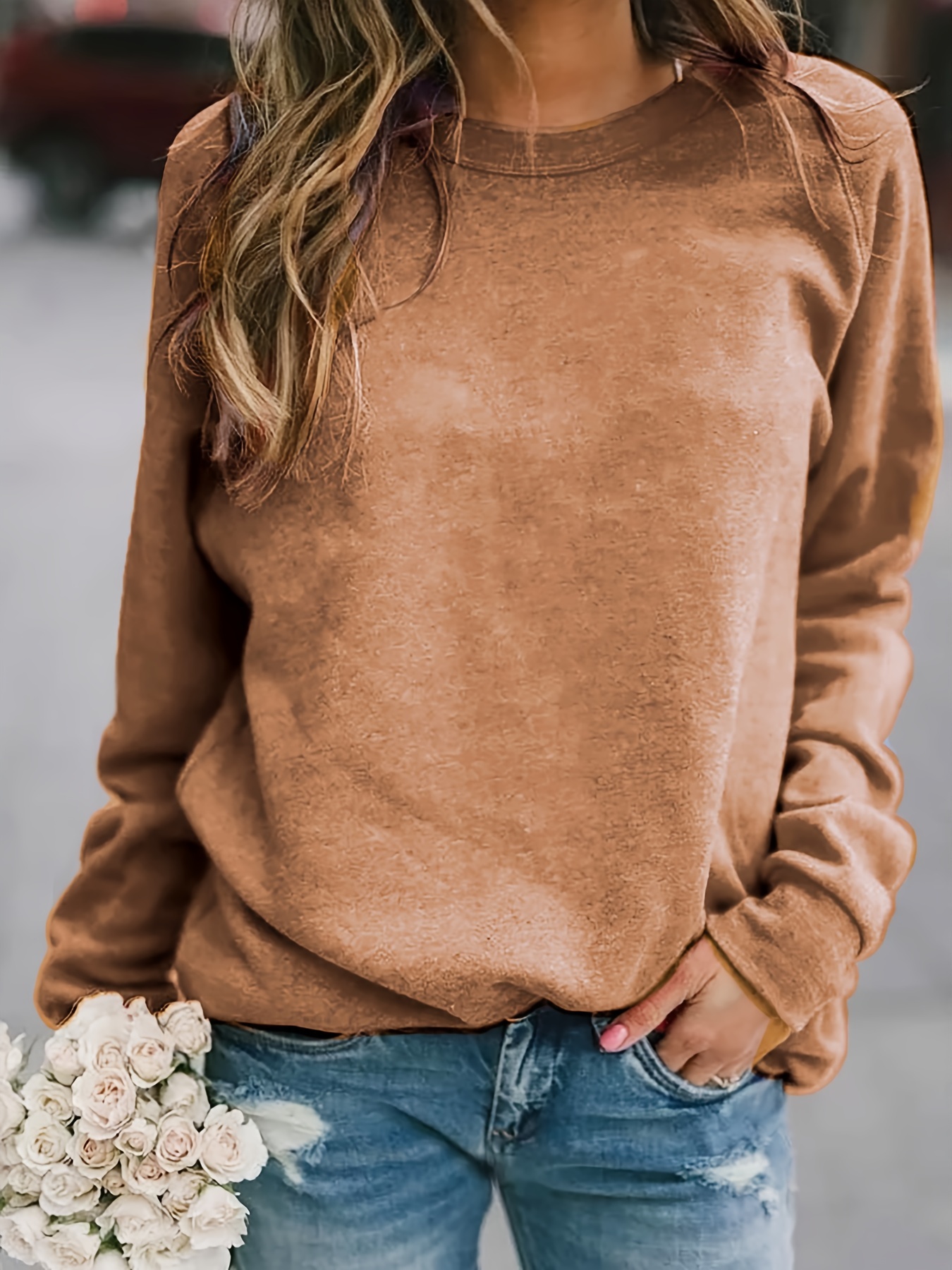 solid pullover sweatshirt long sleeve crew neck sweatshirt casual tops for fall winter womens clothing details 5