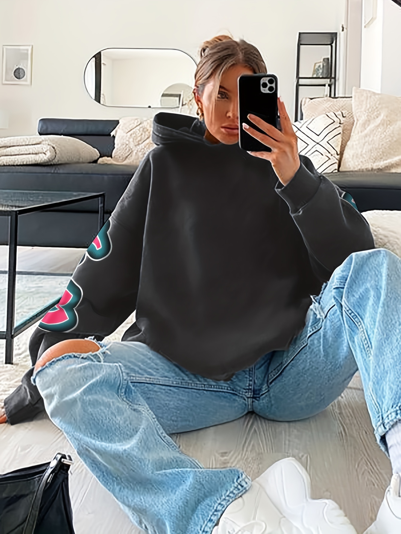 letter print loose hoodie casual long sleeve hoodies sweatshirt womens clothing details 21