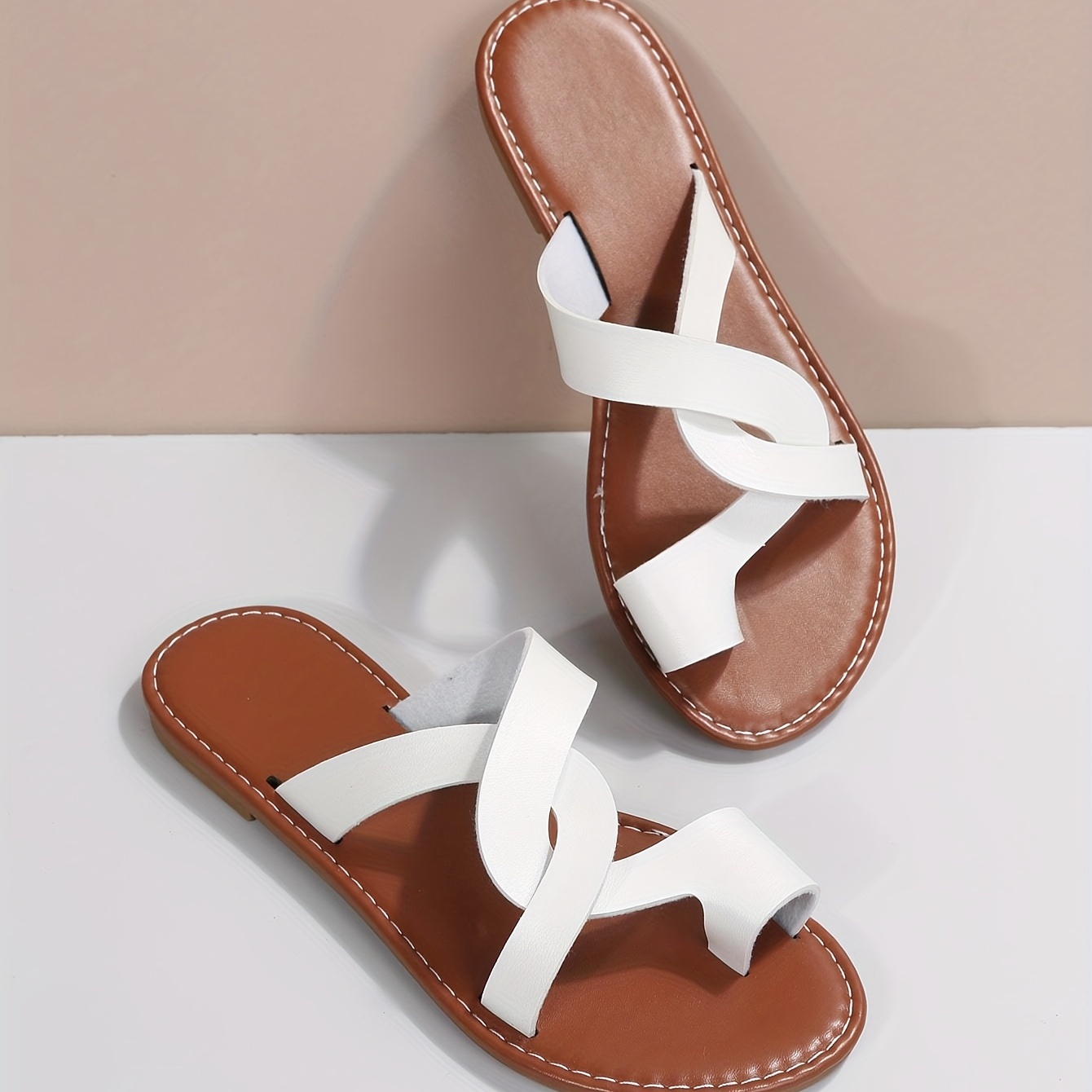 womens toe loop flat slides solid color cross strap faux leather shoes casual summer beach slides details 2