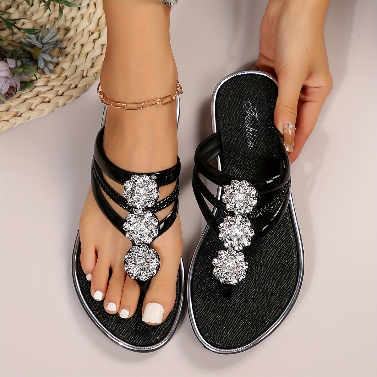 rhinestone floral thong sandals, womens rhinestone floral thong sandals slip on lightweight glitter vacation slides non slip summer beach slides details 4