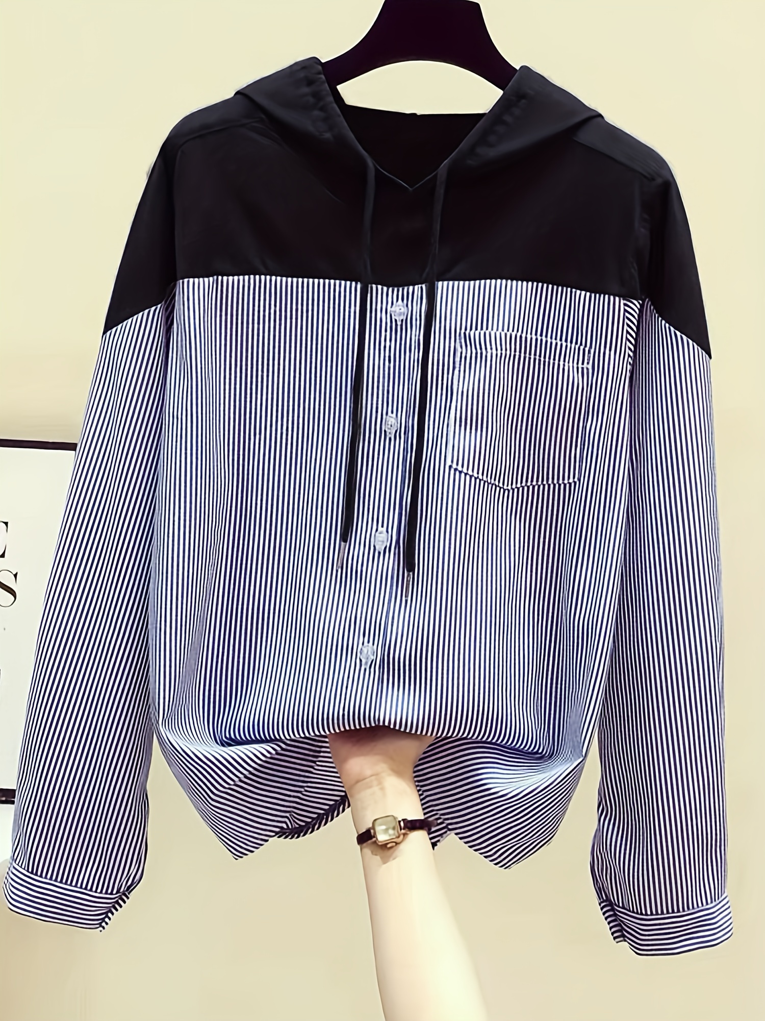patchwork striped print button hoodie casual cuff sleeve drawstring hoodies sweatshirt womens clothing details 3