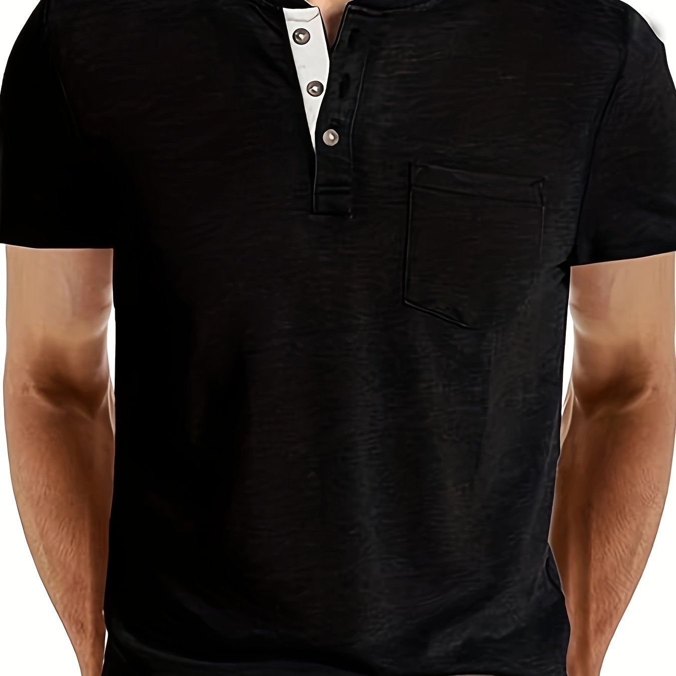 Solid Color Men's Basic Henley Tee With Chest Pocket, Casual Slim Short Sleeve Henley T-Shirt With Button