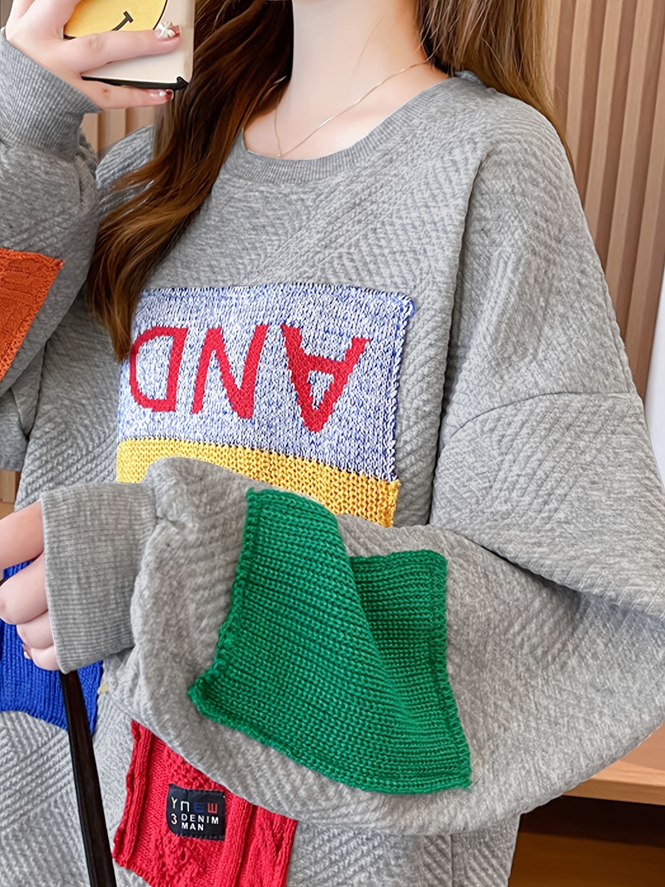 colorblock patchwork crew neck pullover casual fashion loose long sleeve sweatshirt womens clothing details 2