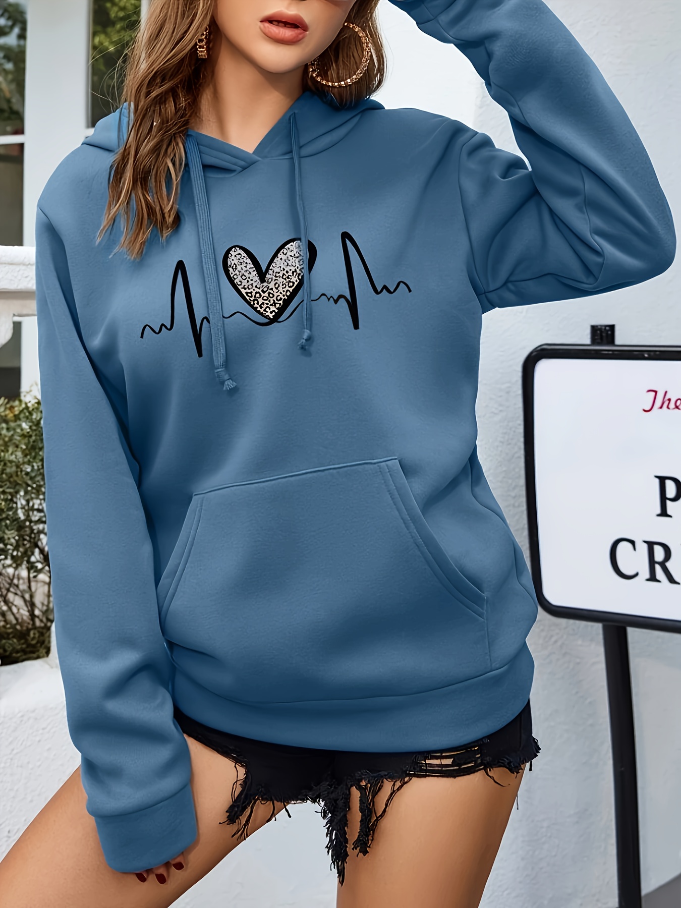 leopard heart print drawstring hoodie casual long sleeve drop shoulder hoodie womens clothing details 8