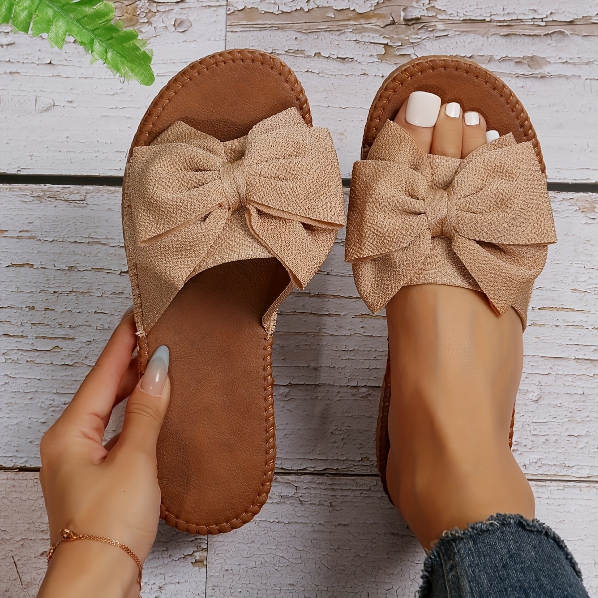 womens solid color sandals bowknot decor flat non slip slides shoes summer vacation beach shoes details 0