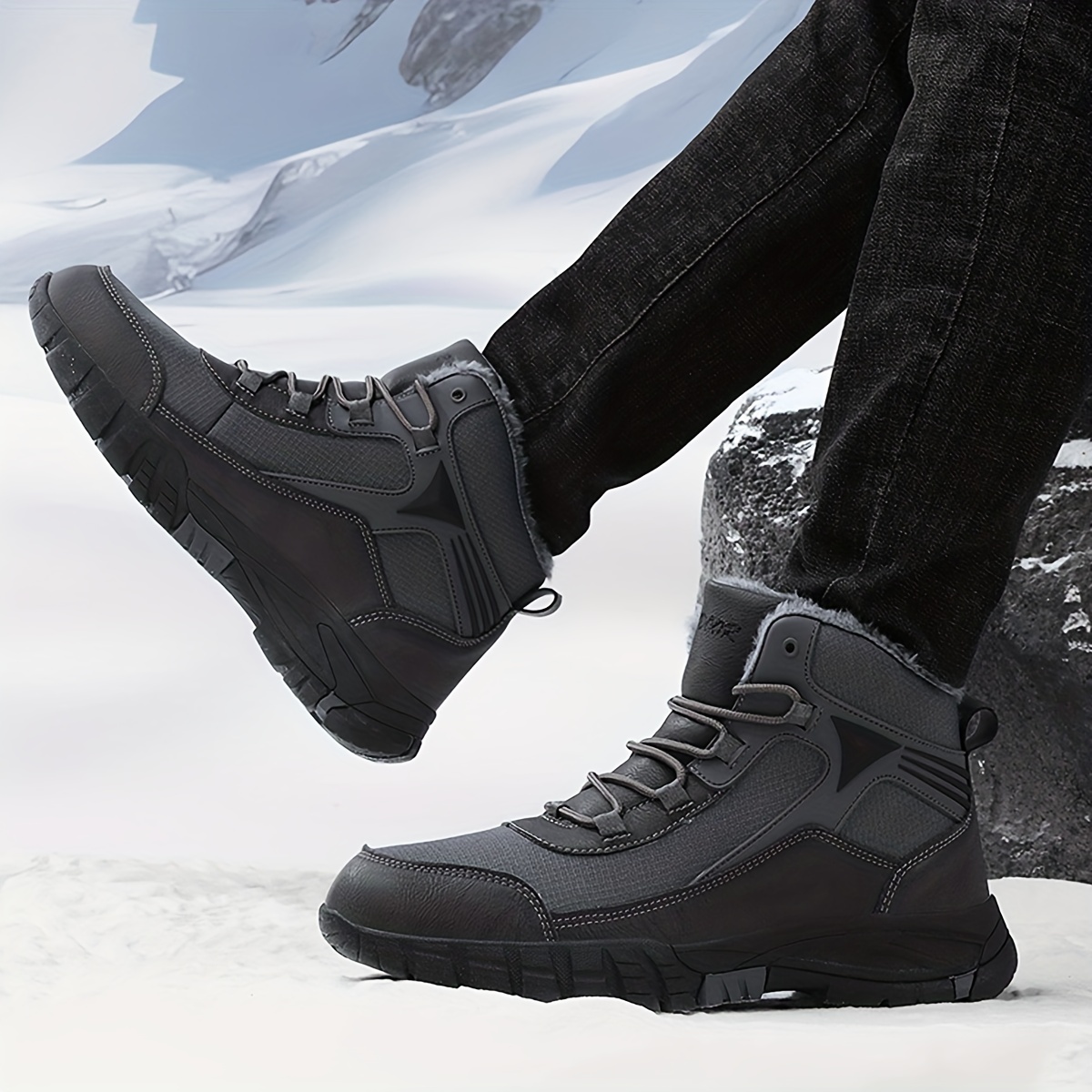 mens slip resistant snow boots outdoor winter thermal shoes windproof hiking boots with fuzzy lining details 6