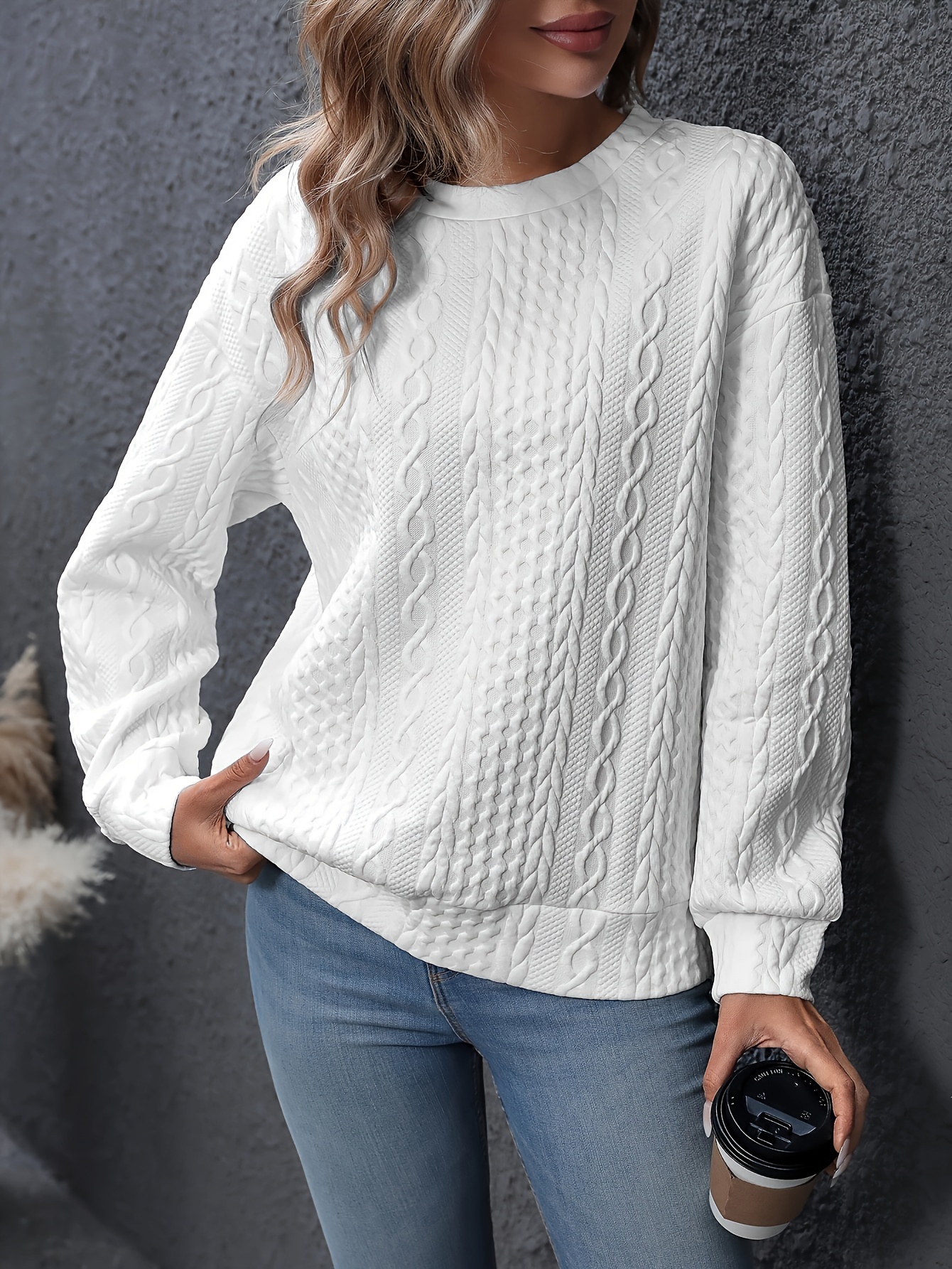 solid cable knit sweater, solid cable knit sweater casual crew neck long sleeve sweater womens clothing details 1