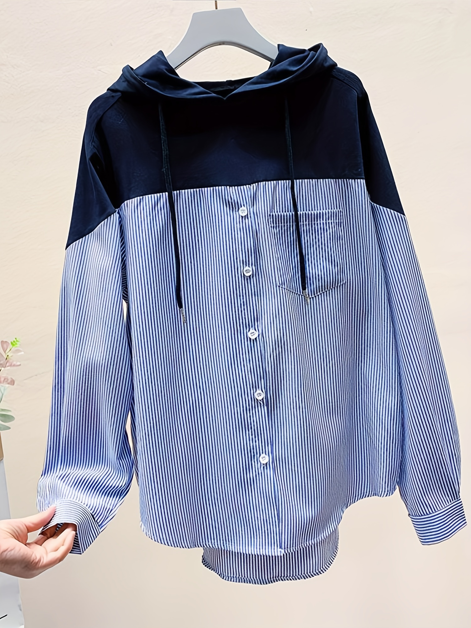 patchwork striped print button hoodie casual cuff sleeve drawstring hoodies sweatshirt womens clothing details 6