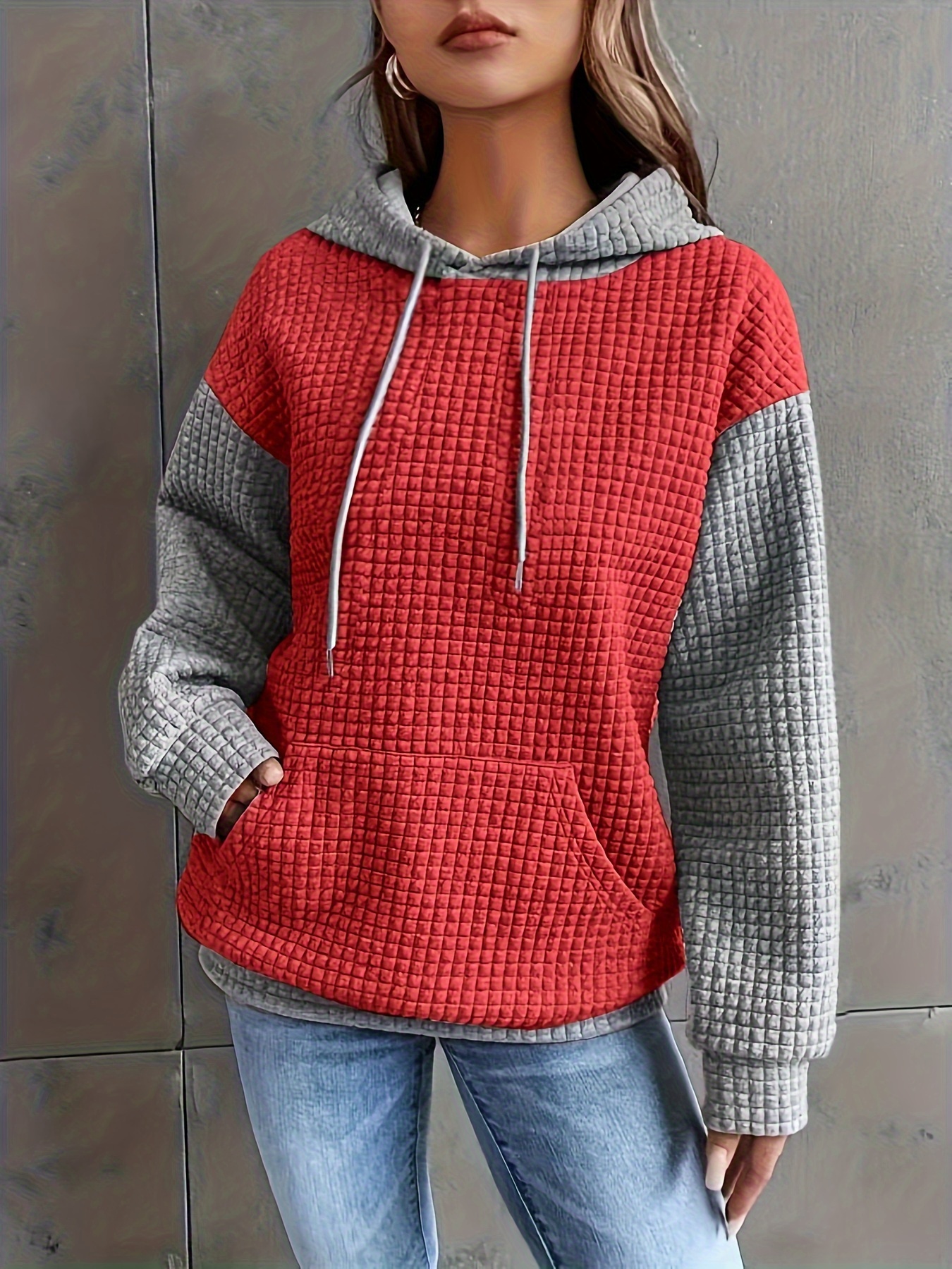 color block waffle drawstring hoodie casual long sleeve pocket sweatshirt womens clothing details 15