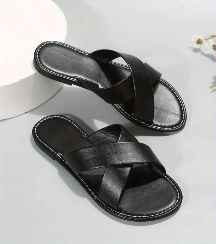 womens cross strap flat slippers solid color open toe non slip slides casual outdoor beach slippers details 8
