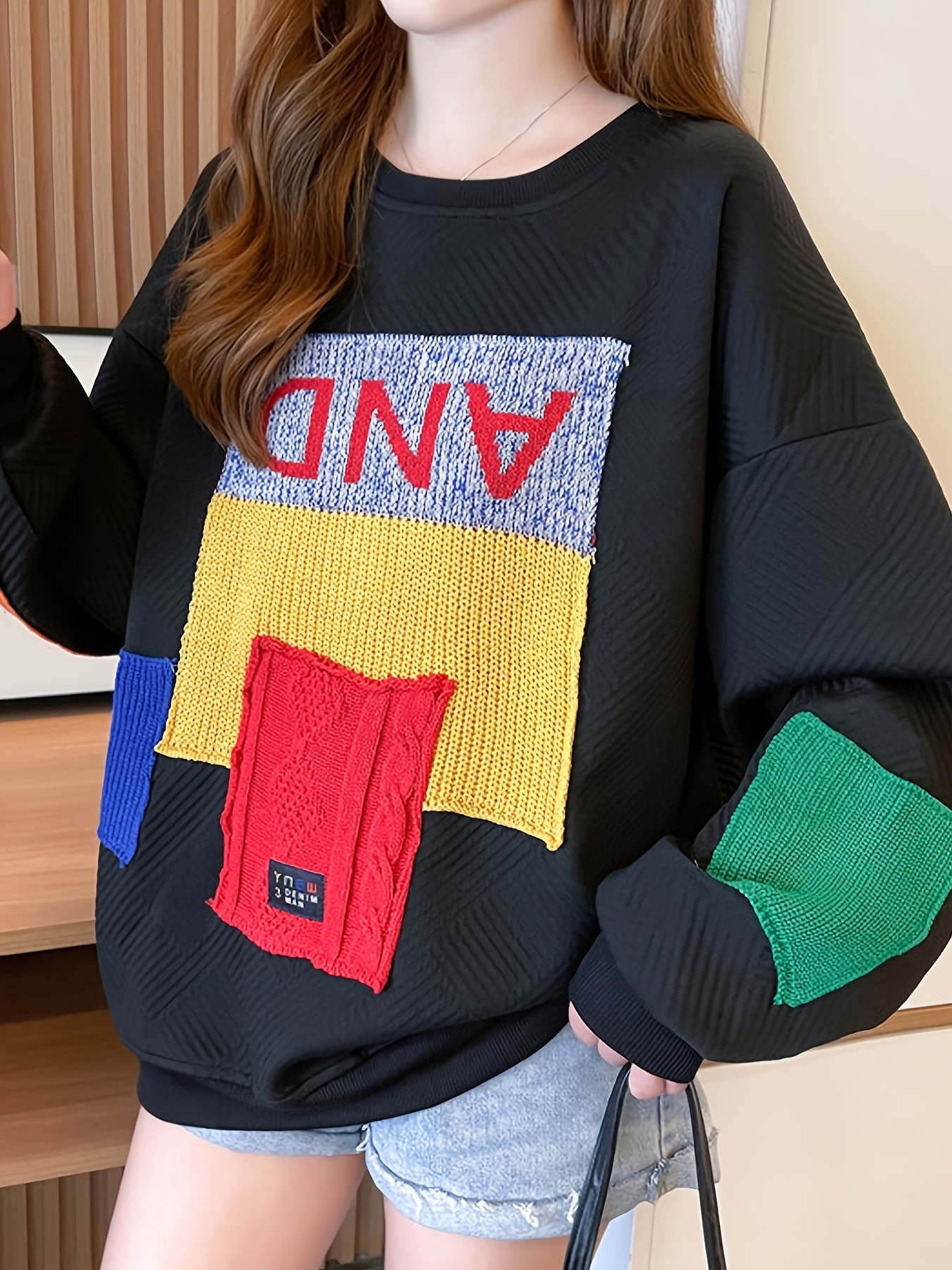 colorblock patchwork crew neck pullover casual fashion loose long sleeve sweatshirt womens clothing details 13
