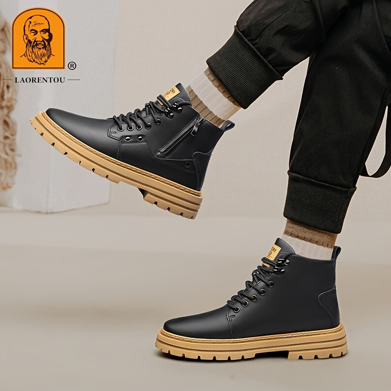 mens trendy outdoor work boots breathable anti skid high top lace up boots with side zipper autumn and winter details 10