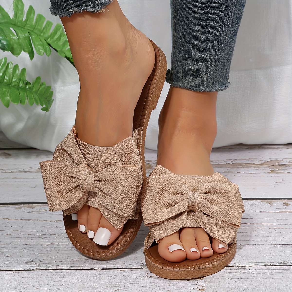 womens solid color sandals bowknot decor flat non slip slides shoes summer vacation beach shoes details 4