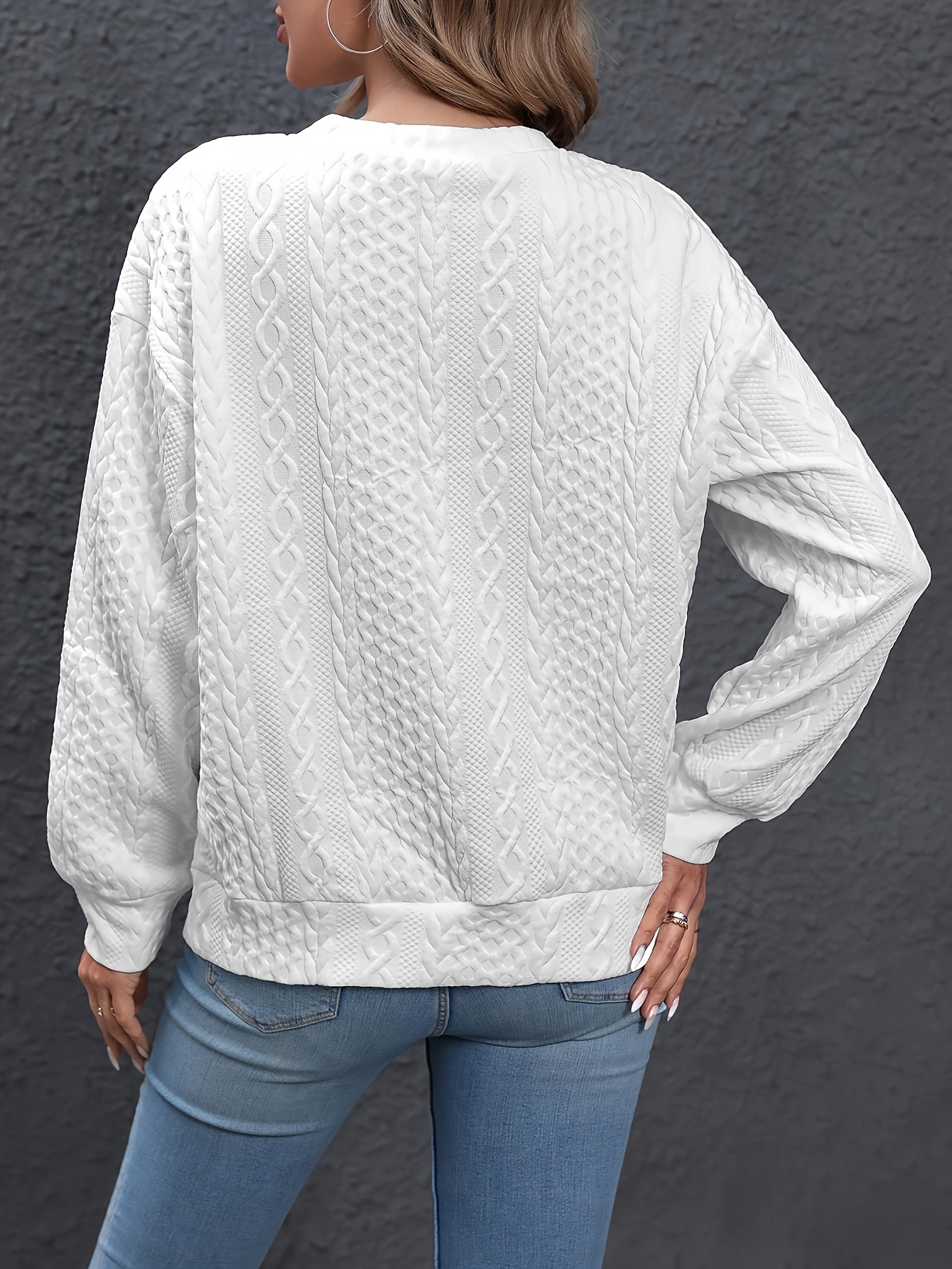 solid cable knit sweater, solid cable knit sweater casual crew neck long sleeve sweater womens clothing details 0