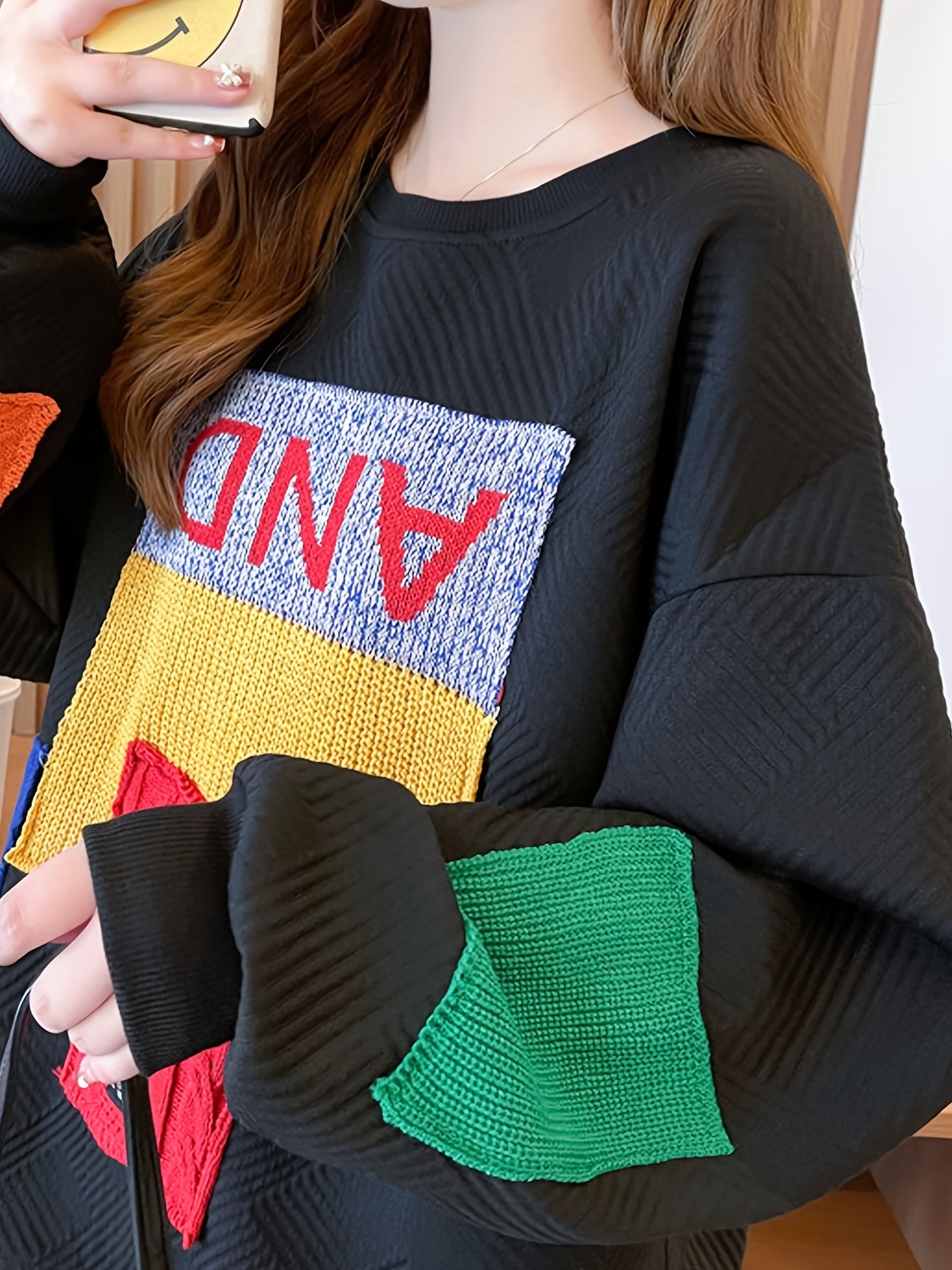 colorblock patchwork crew neck pullover casual fashion loose long sleeve sweatshirt womens clothing details 14