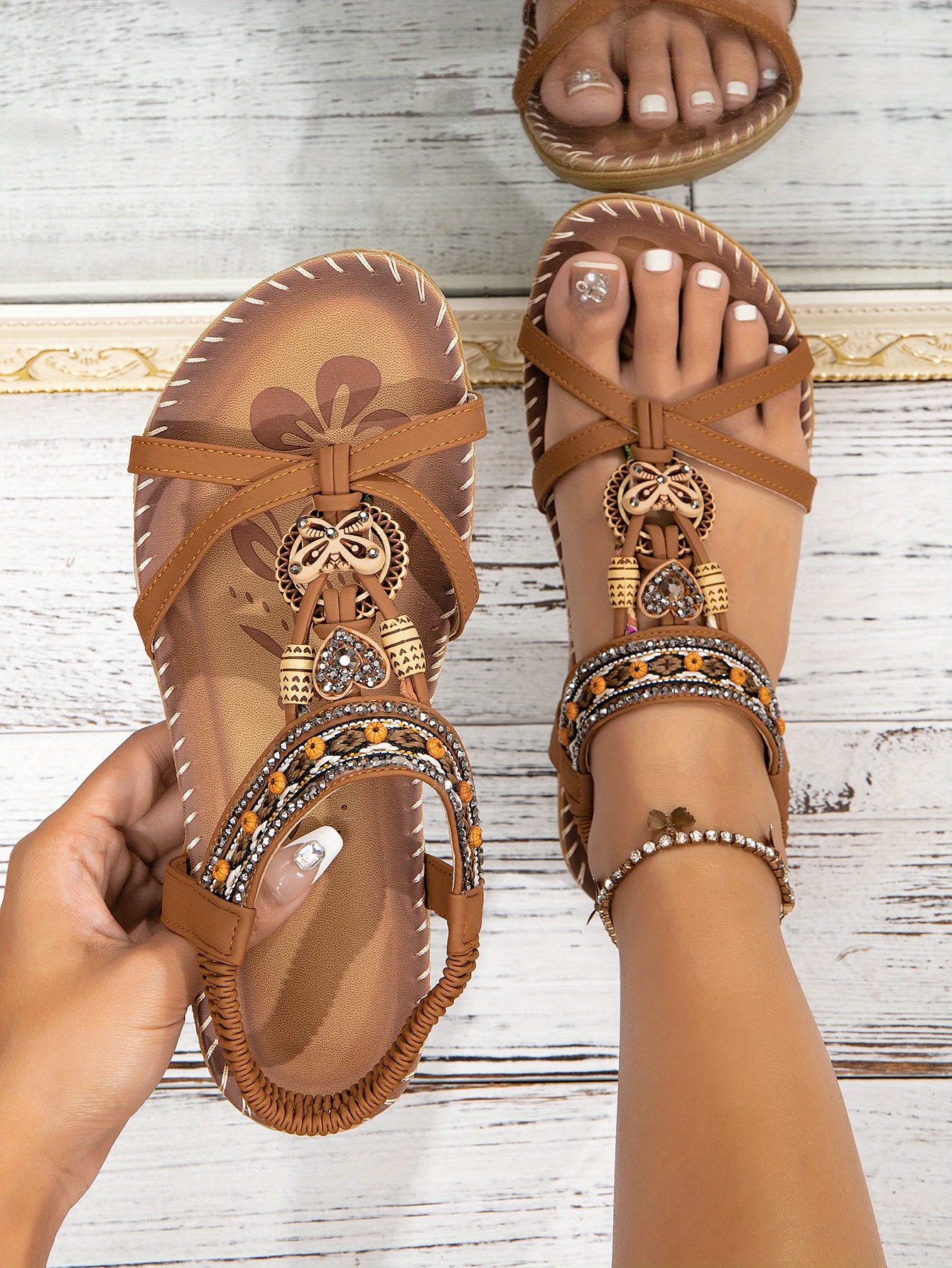 womens rhinestone butterfly flat sandals boho style open toe elastic strap summer shoes casual slip on beach sandals details 4