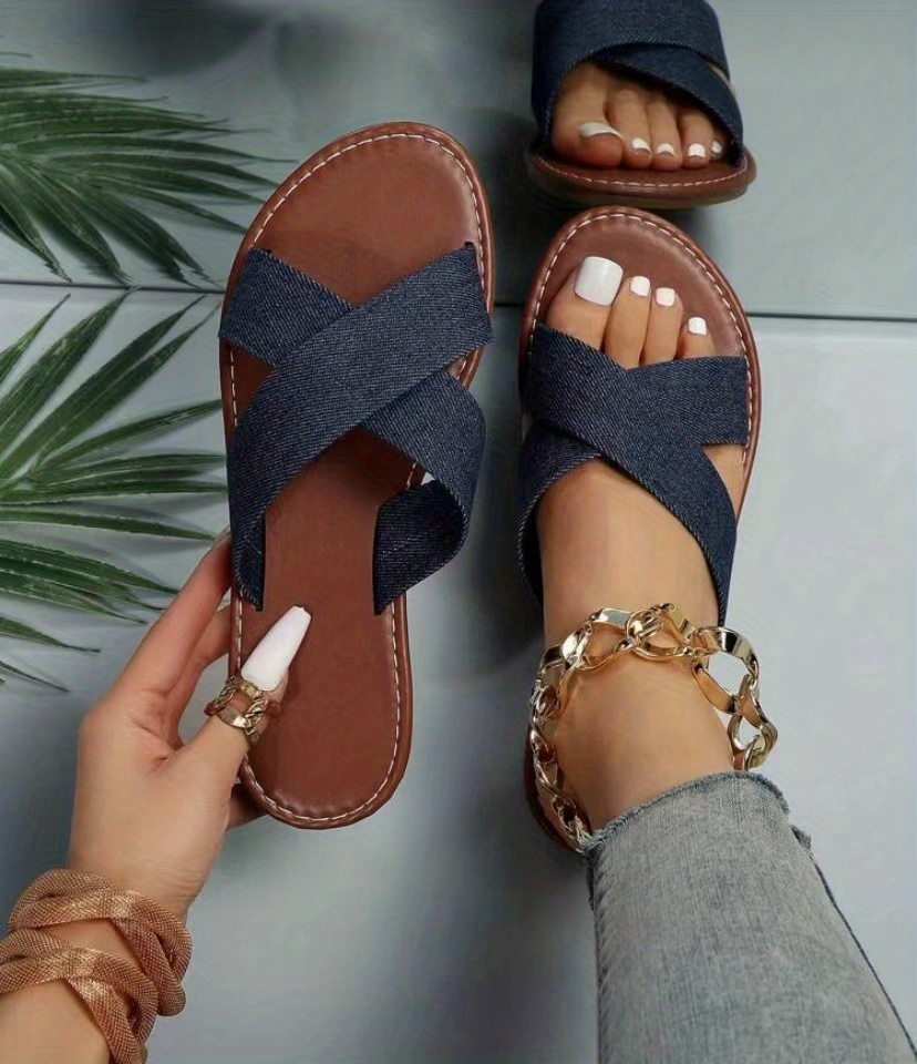womens cross strap flat slippers solid color open toe non slip slides casual outdoor beach slippers details 12