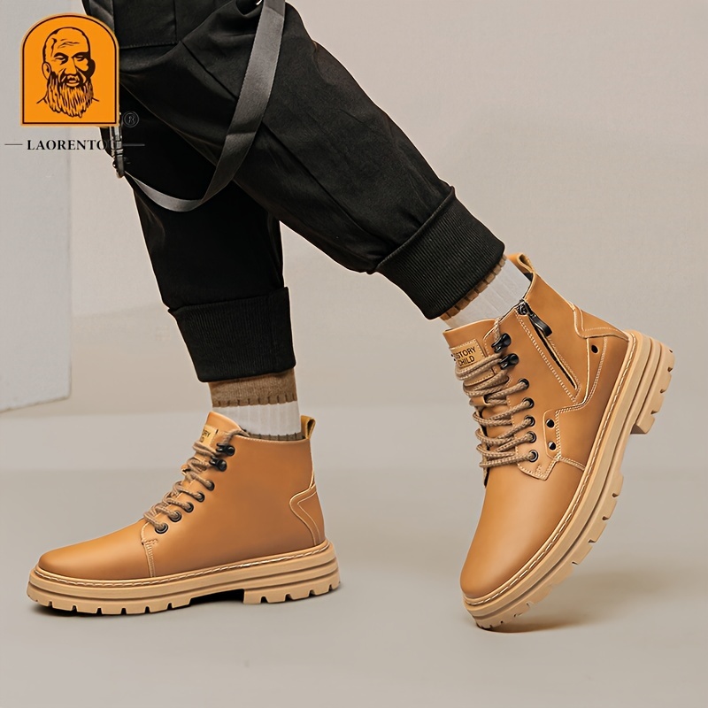 mens trendy outdoor work boots breathable anti skid high top lace up boots with side zipper autumn and winter details 7