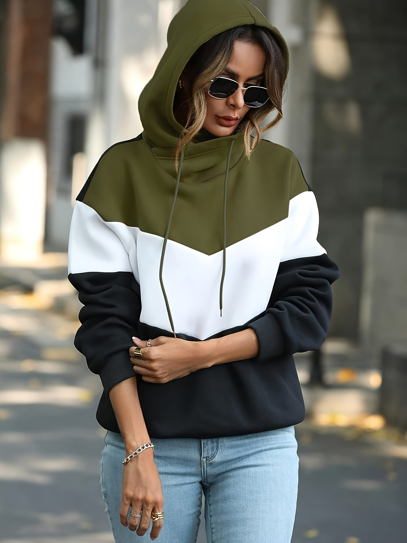 color block drawstring hoodie casual long sleeve novelty hoodies sweatshirt womens clothing details 2