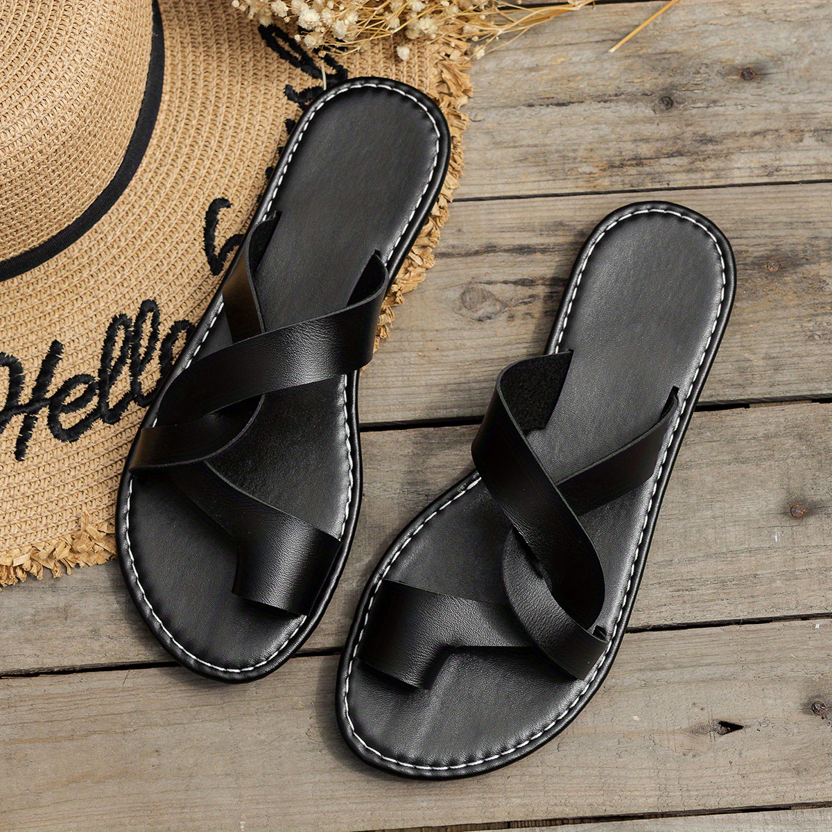 womens toe loop slide sandals casual cross strap flat shoes faux leather slide sandals details 13