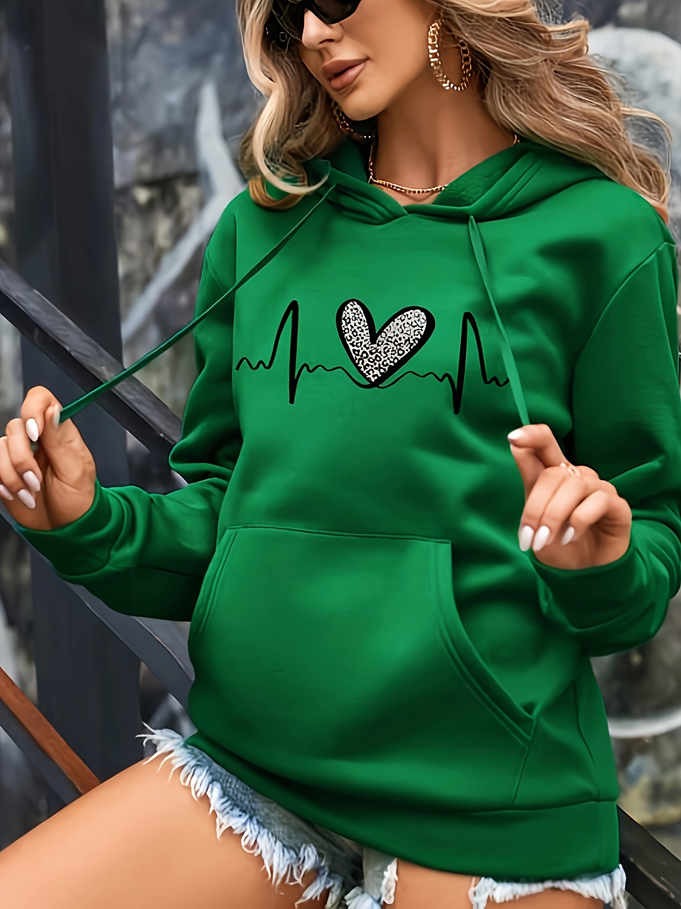 leopard heart print drawstring hoodie casual long sleeve drop shoulder hoodie womens clothing details 2