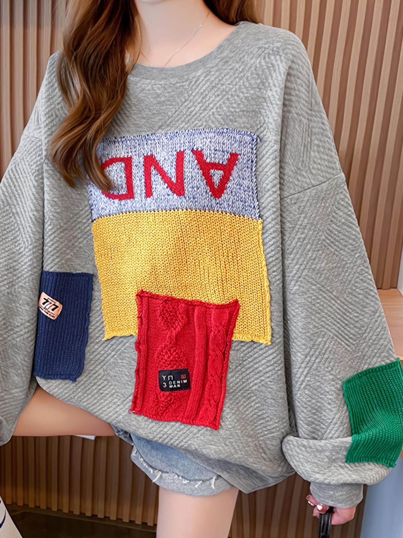 colorblock patchwork crew neck pullover casual fashion loose long sleeve sweatshirt womens clothing details 0