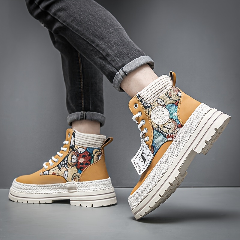 mens casual high boots durable slip resistant lace up walking shoes with thick soles for outdoor spring autumn and winter details 1