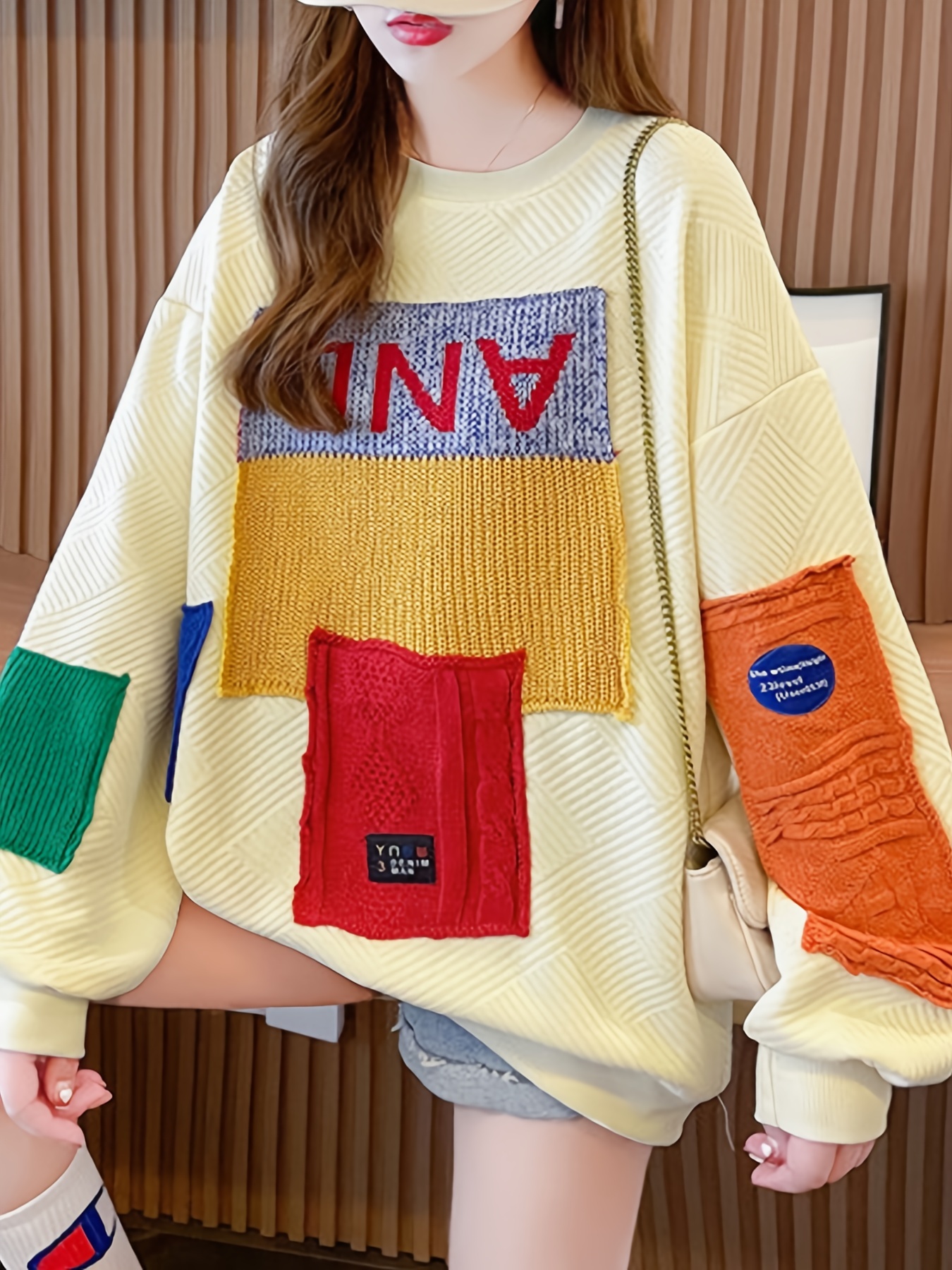 colorblock patchwork crew neck pullover casual fashion loose long sleeve sweatshirt womens clothing details 7