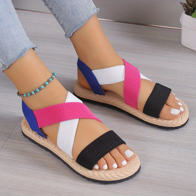 womens cross strap flat sandals casual elastic band beach shoes lightweight colorblock sandals details 4