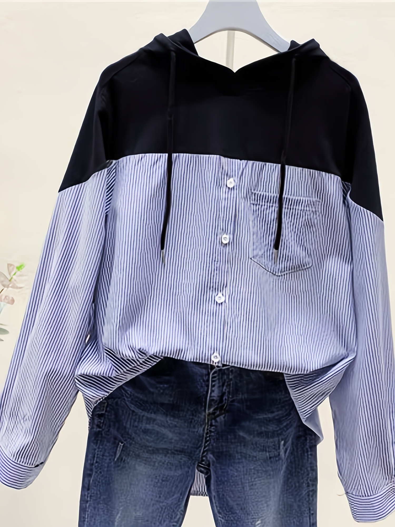patchwork striped print button hoodie casual cuff sleeve drawstring hoodies sweatshirt womens clothing details 0