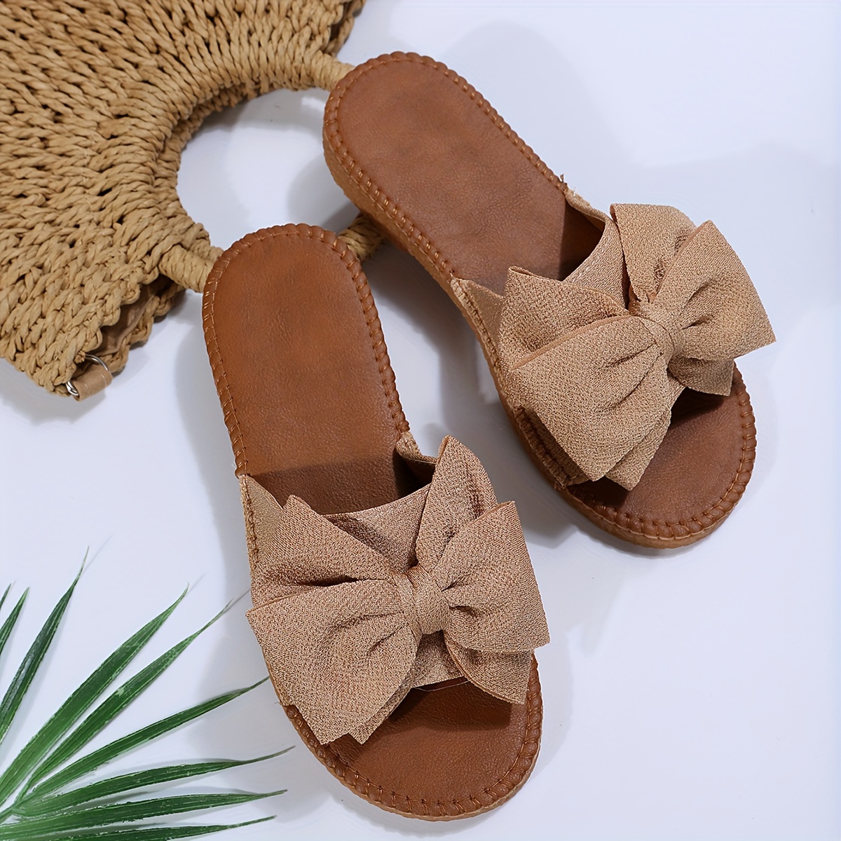 womens solid color sandals bowknot decor flat non slip slides shoes summer vacation beach shoes details 1