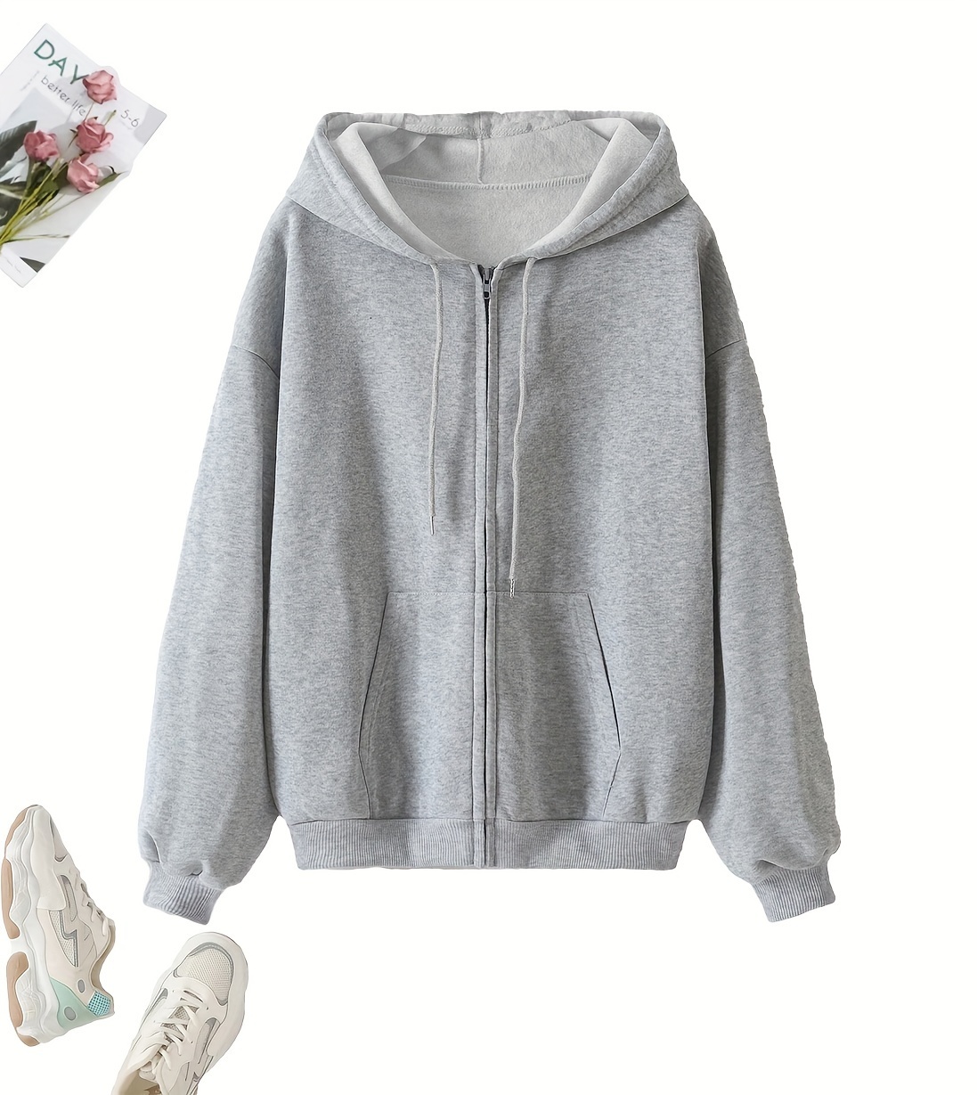 solid zip up hoodie casual long sleeve drawstring hoodies sweatshirt womens clothing details 0