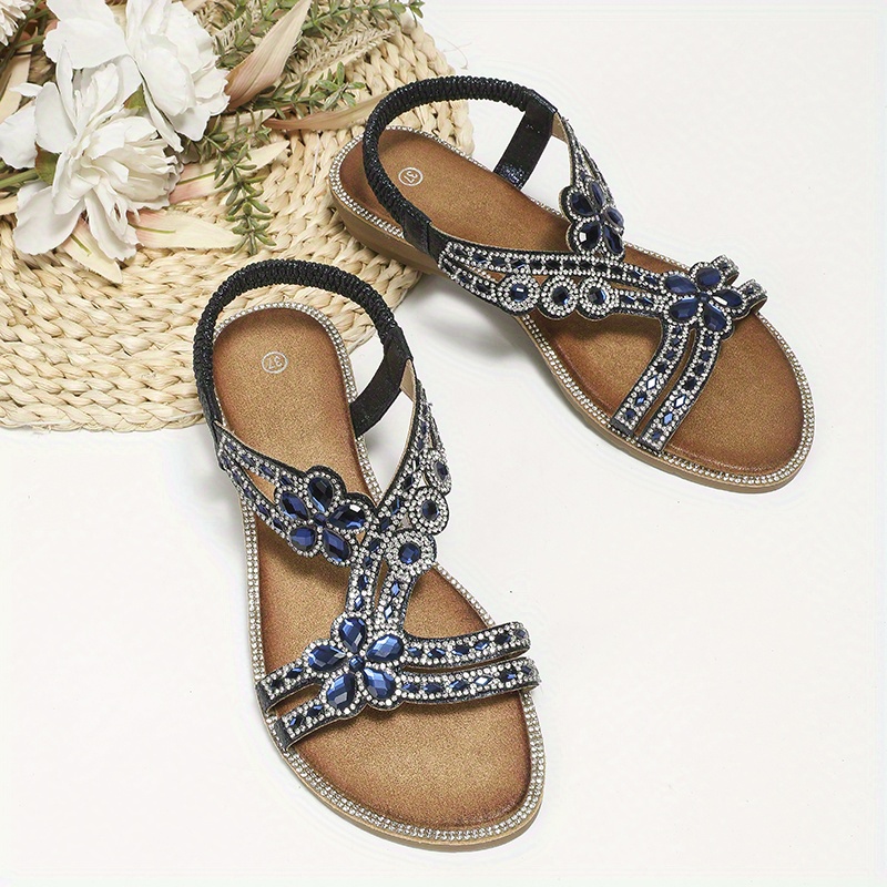 floral rhinestone flat sandals, womens floral rhinestone flat sandals boho style open toe elastic strap shoes casual beach sandals details 27