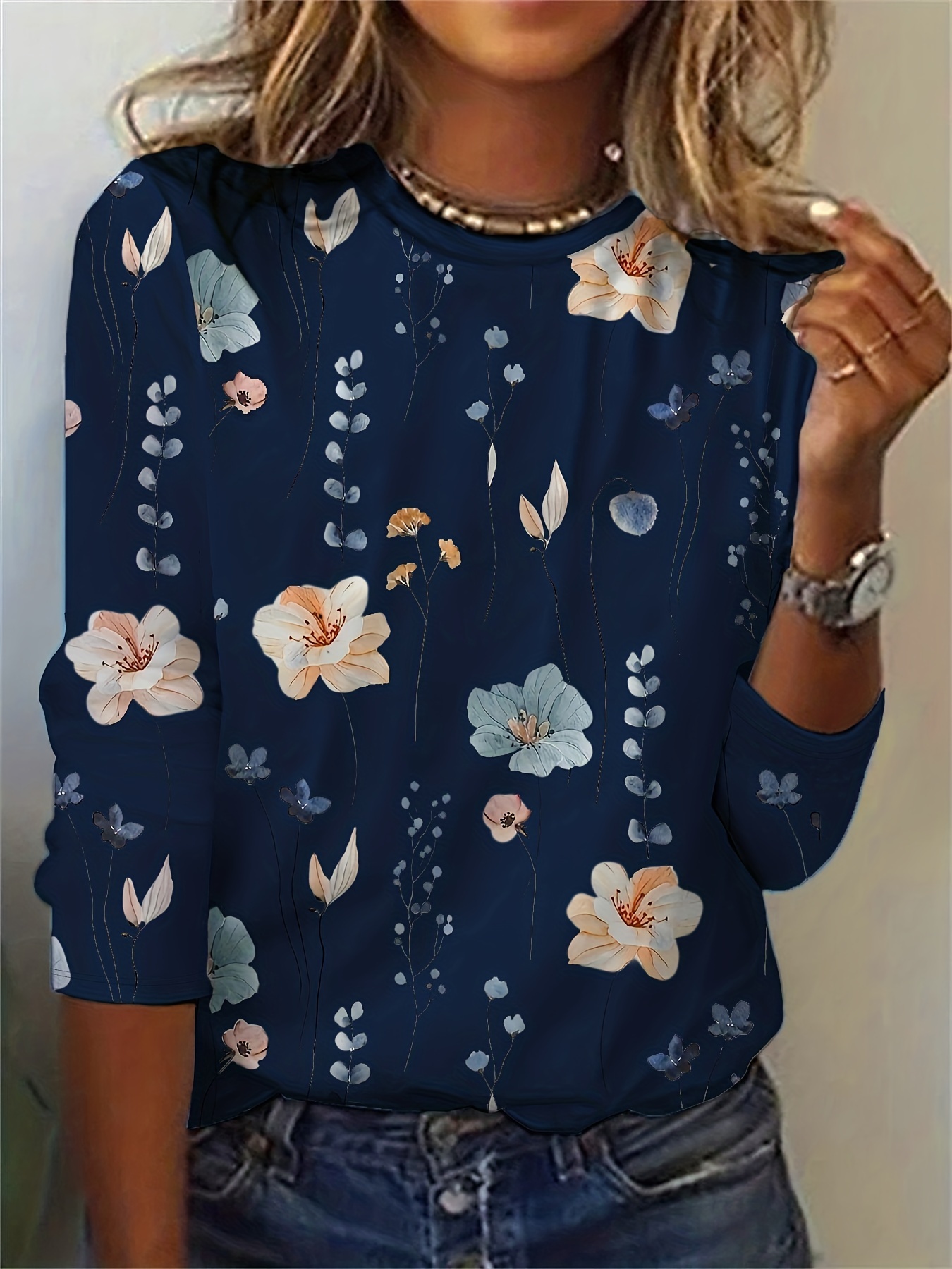 floral print sweatshirt casual long sleeve crew neck sweatshirt for spring fall womens clothing details 5