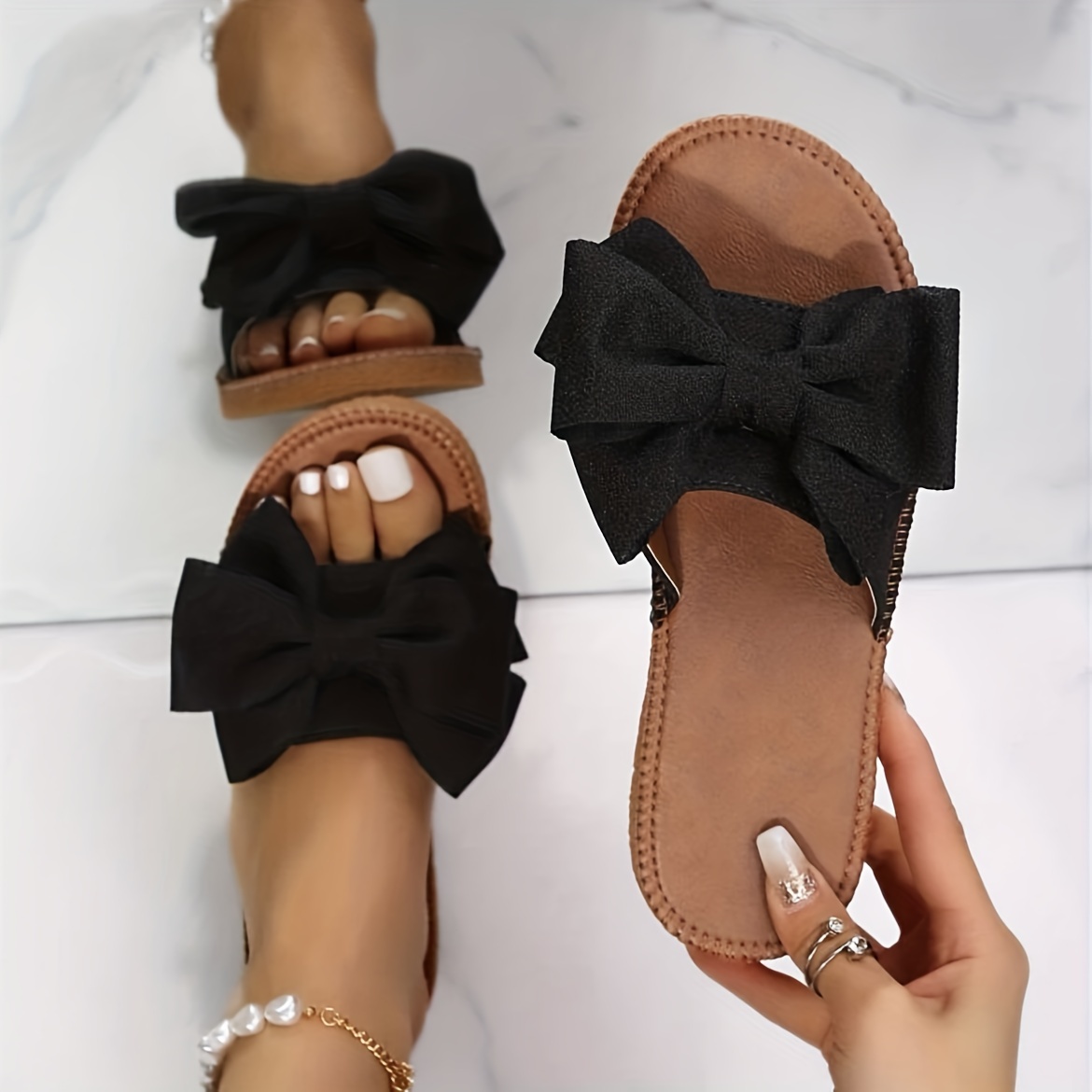 womens bow flat slide sandals fashion open round toe slip on shoes casual outdoor slides details 0
