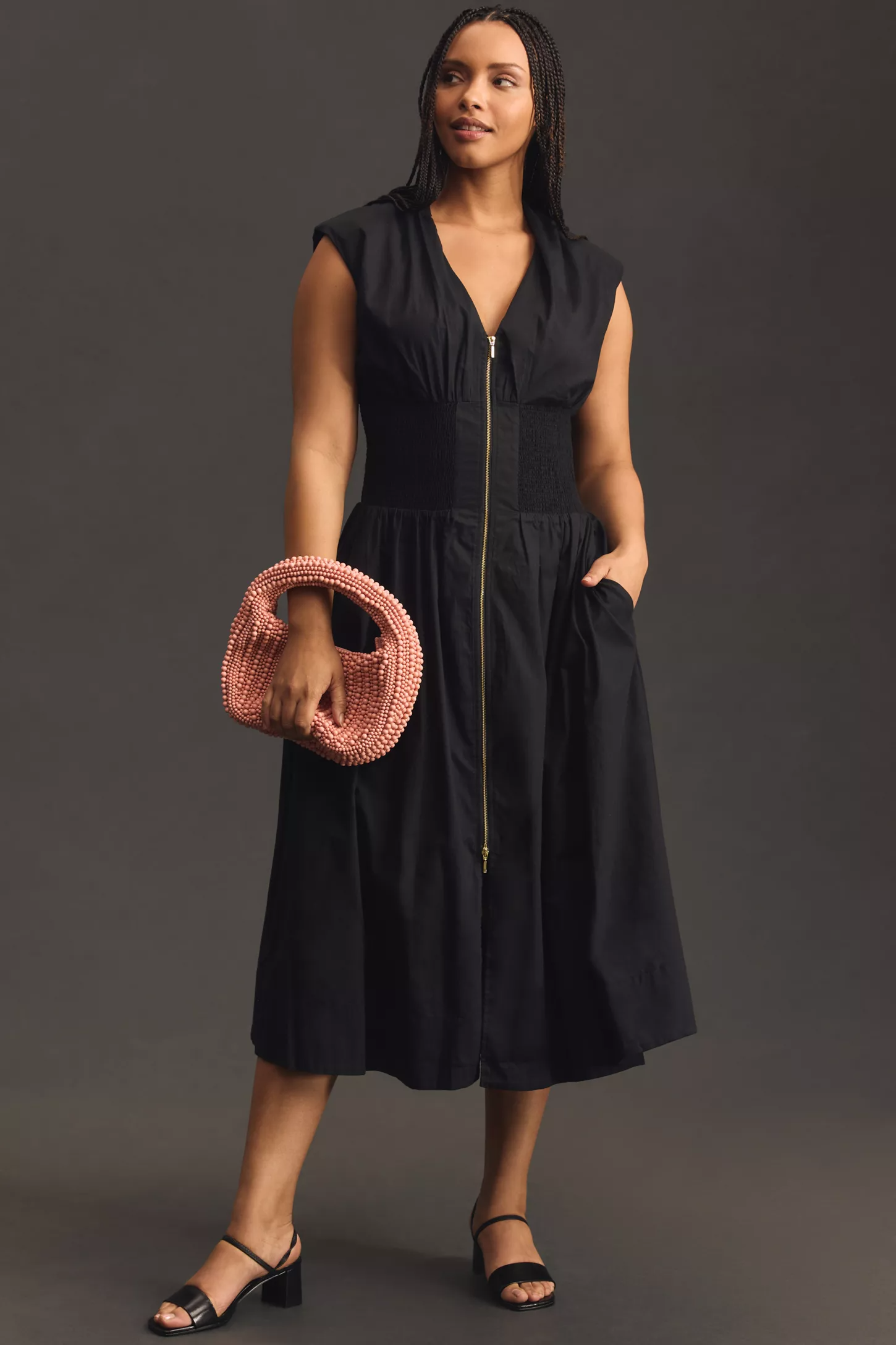 Cap-Sleeve Smocked Front-Zip Shirt Dress(BUY 2 FREE SHIPPING)