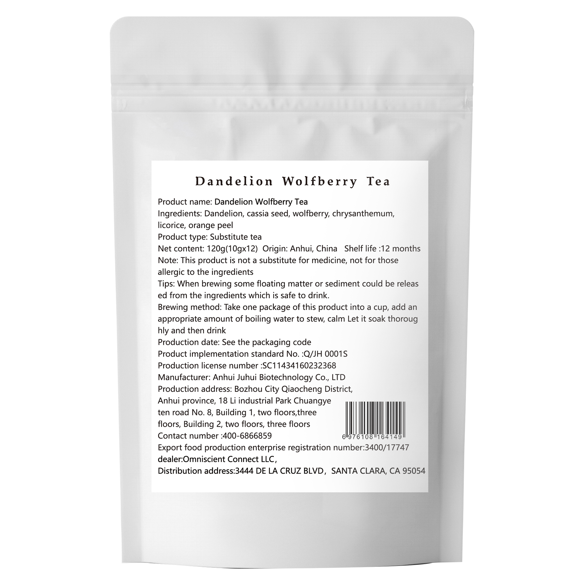 Dandelion Wolfberry Tea, Natural Liver Support Tea with Dandelion,Wolfberry, Cassia Seed and Chrysanthemum 30 Teabags per Pack
