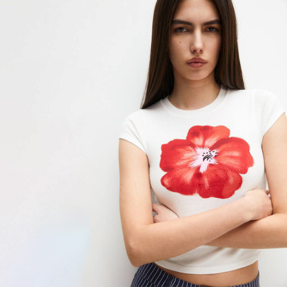 Hibiscus Print Cropped Crewneck Top