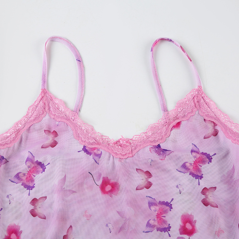 Lace Trim V-Neck Camisole Butterfly Printed Backless Top