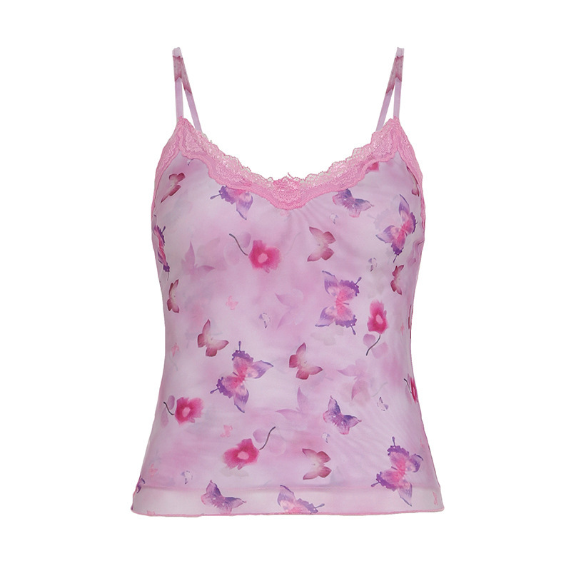 Lace Trim V-Neck Camisole Butterfly Printed Backless Top