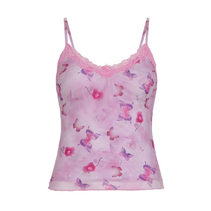 Lace Trim V-Neck Camisole Butterfly Printed Backless Top