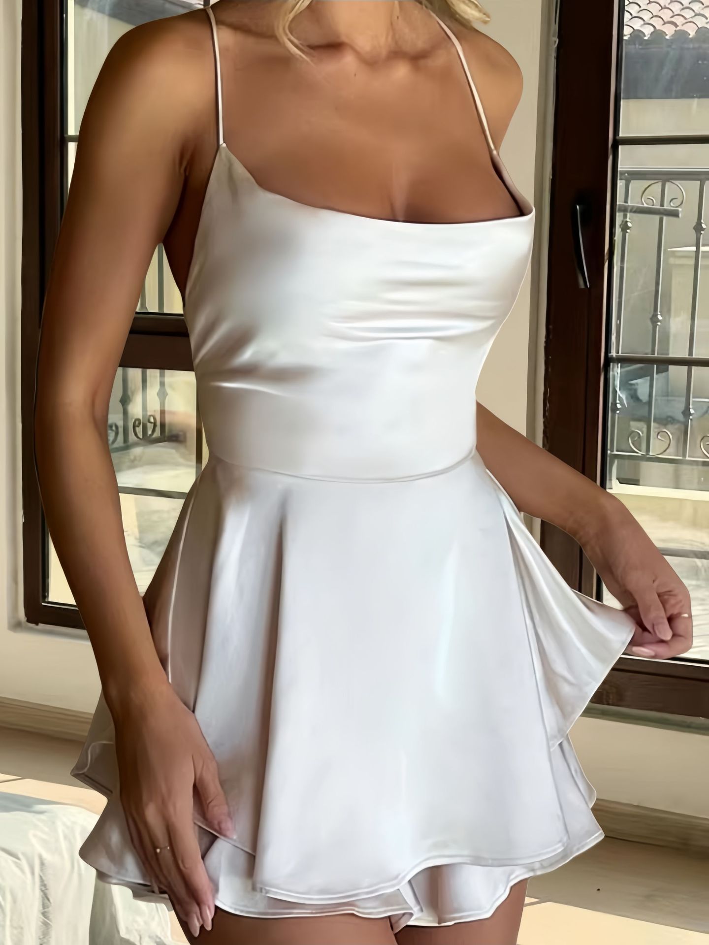 Slim Fit Backless Solid Color Suspender Dress