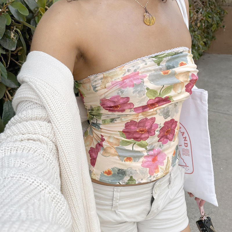 Mesh Flower Print Tube Top Sexy Vest
