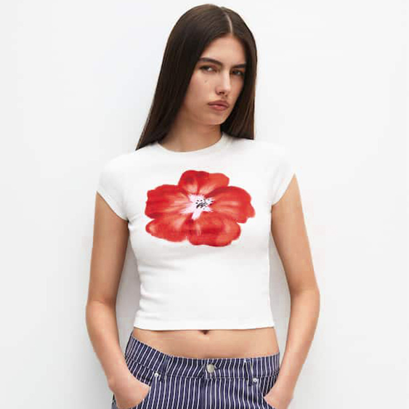 Hibiscus Print Cropped Crewneck Top