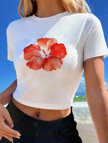 Hibiscus Print Cropped Crewneck Top