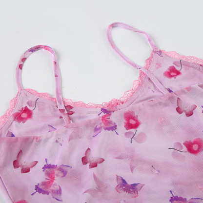 Lace Trim V-Neck Camisole Butterfly Printed Backless Top