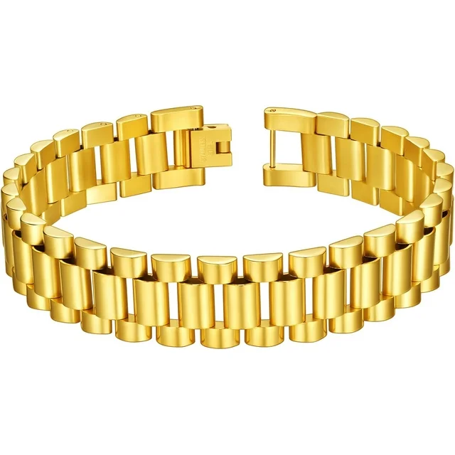 ChainsHouse Wristband ID Bracelets for Women,Custom Bracelets Mother's Day Gift 18K Gold Chunky Bracelet Bangle Jewelry for Gift, with Removal Tool, 10/15/15.5MM Width, 8.27/8.66"Length(Box)