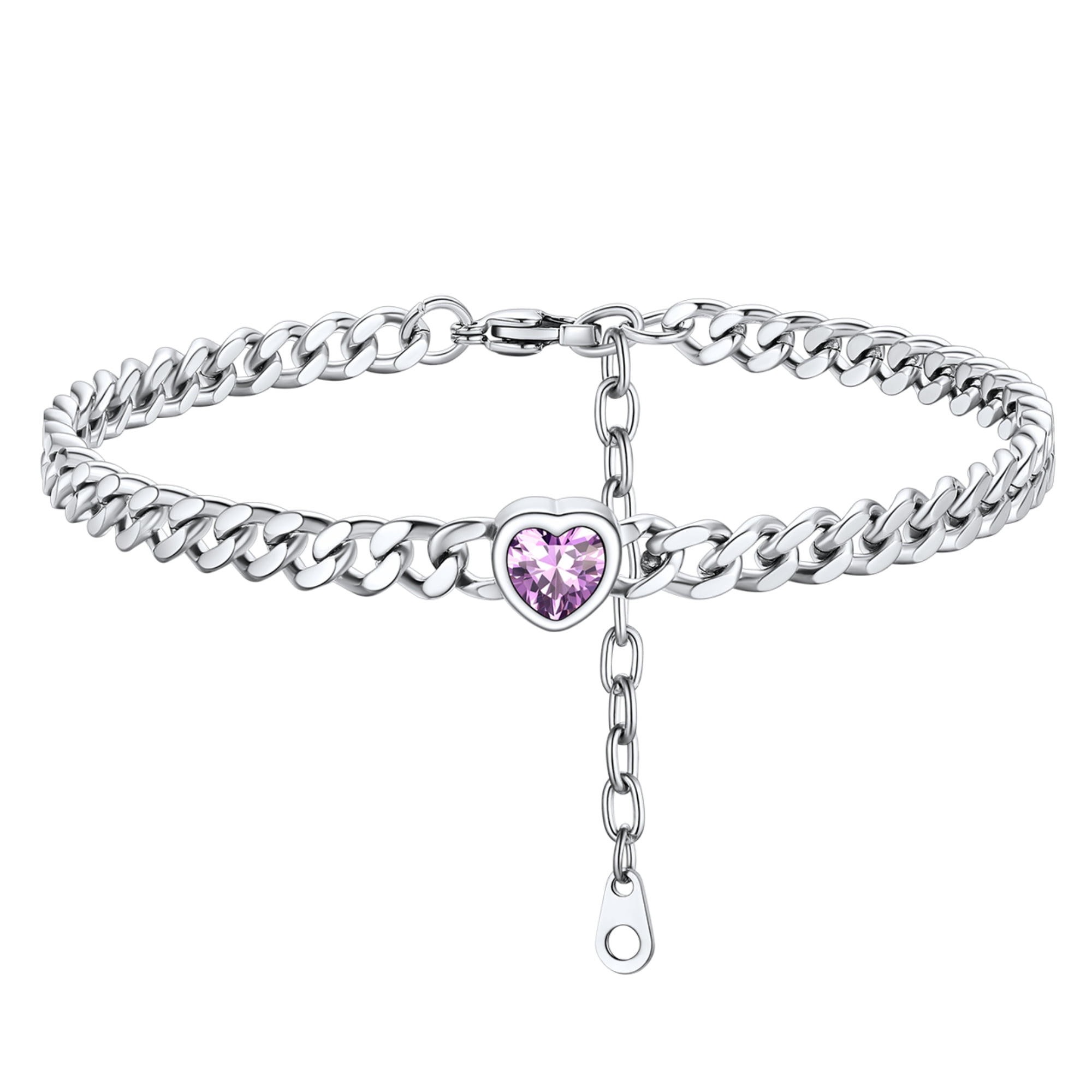 ChainsHouse CubanChain Anklets for Women with Heart Jan-Dec Birthstone,Stainless Steel 6mm Link Chain Adjustable Ankle Bracelet for Girls Growth Birthday Gift